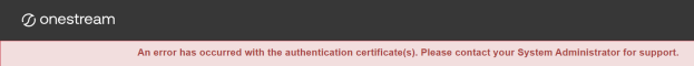 The global home page has a black banner at the top with the OneStream logo. The error message has a pink background with red text.